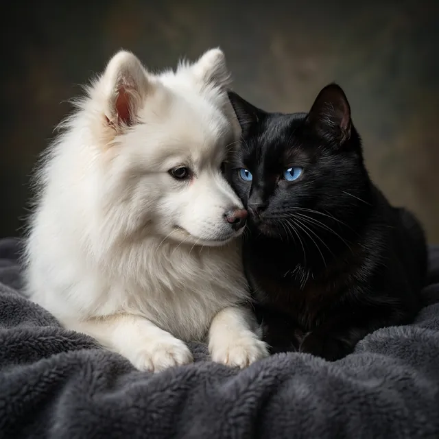 Cachorro branco e gato preto de olhos azuis abraçados
